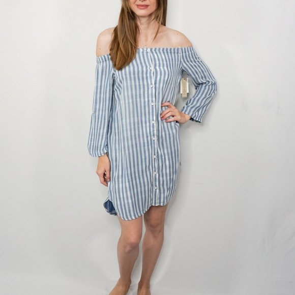 BELLA DAHL Blue Striped Off-Shoulder Dress NWT - Picture 6 of 7